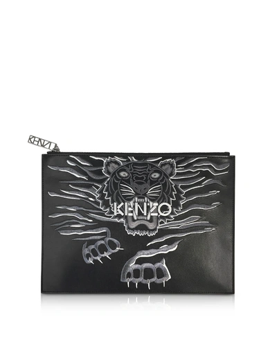 Shop Kenzo Black Leather A4 Geo Tiger Clutch
