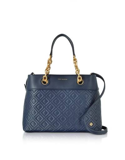 Shop Tory Burch Fleming Royal Navy Leather Small Tote Bag W-shoulder Strap In Navy Blue