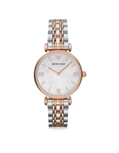 Shop Emporio Armani White Mother-of-pearl Dial Stainless Steel And Rose Gold-tone Womens Watch In Silver