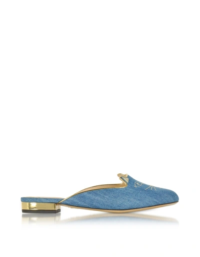 Shop Charlotte Olympia Light Denim & Gold Kitty Slippers In Blue