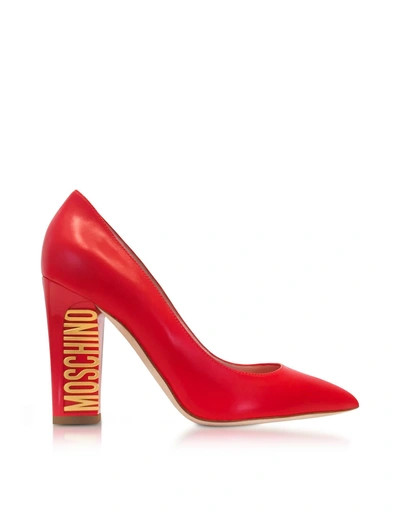 Shop Moschino Gold Tone Logo Heel Red Leather Pumps