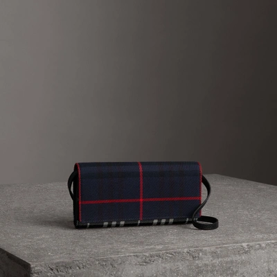 Shop Burberry Tartan Cotton And Leather Wallet With Chain In Deep Navy/black