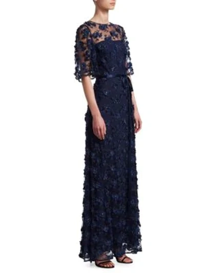 Shop David Meister Embroidered Floral Gown In Navy