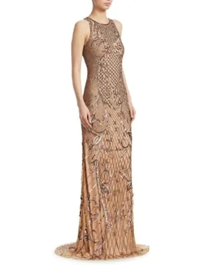 Shop Theia Beaded Sleeveless Gown In Bronze