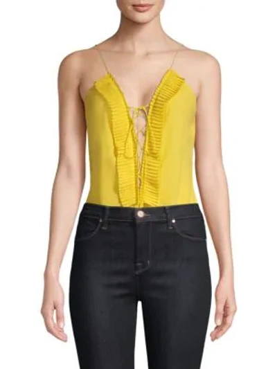 Shop Delfi Collective Plunging Lace-up Bodysuit In Solid Yellow