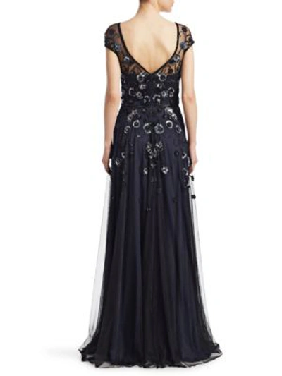 Shop Theia Sequined Llusion Gown In Navy