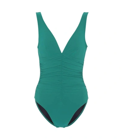Shop Karla Colletto Ruched V-neck Swimsuit In Green