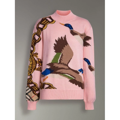 Shop Burberry Duck Intarsia Cotton Cashmere Wool Sweater In Pale Pink