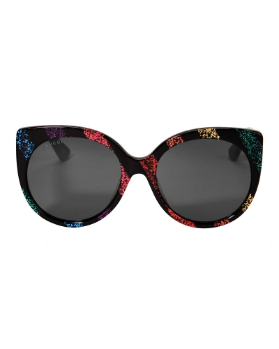 Shop Gucci Rainbow Glitter Cat Eye Sunglasses In Dark Stripes