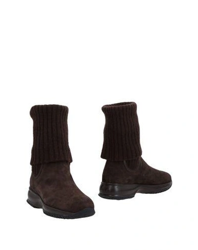 Shop Hogan Woman Ankle Boots Dark Brown Size 5.5 Textile Fibers, Leather