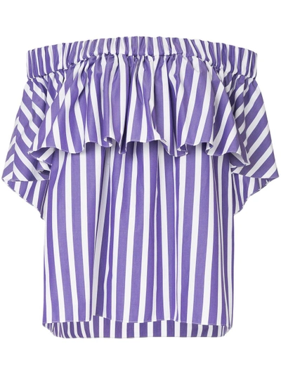 Shop Maison Rabih Kayrouz Striped Ruffle Off Shoulder Top - Pink & Purple