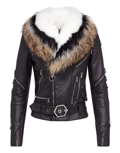Shop Philipp Plein Leather Biker "elegant Fur"