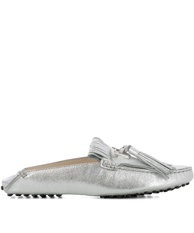 Shop Tod's Silver Leather Slippers