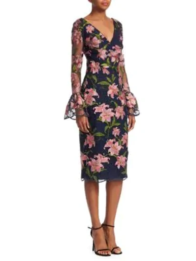Shop David Meister Floral Embroidered Bell-sleeve Sheath Dress In Navy Pink