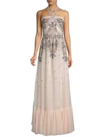 Paisley Embroidered Halter Gown In Whisper