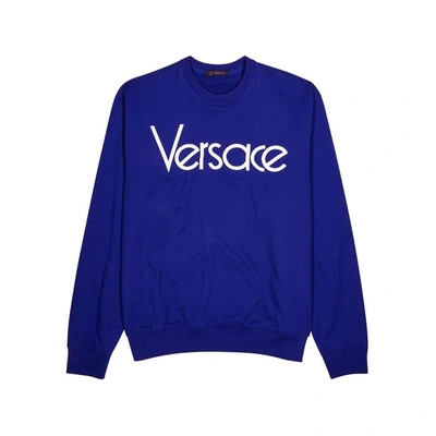 Shop Versace Blue Logo-embroidered Cotton Sweatshirt