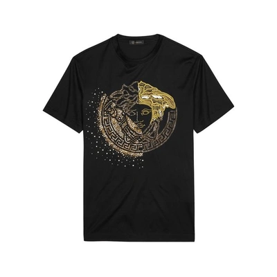 Shop Versace Black Embroidered Cotton T-shirt