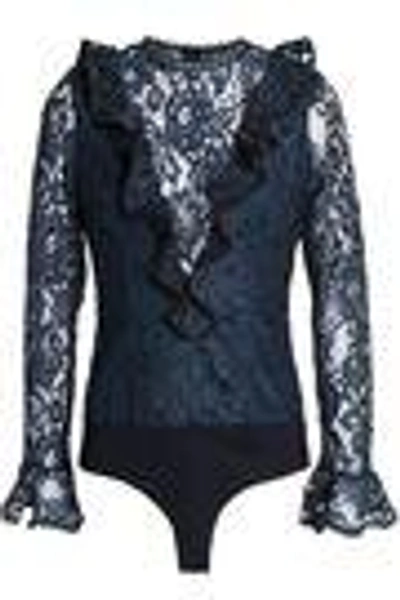 Shop Alexis Woman Ruffle-trimmed Corded Lace Bodysuit Navy