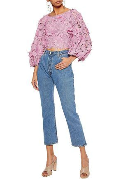 Shop Milly Woman Camilla Cropped Floral-appliquéd Guipure Lace Top Lavender