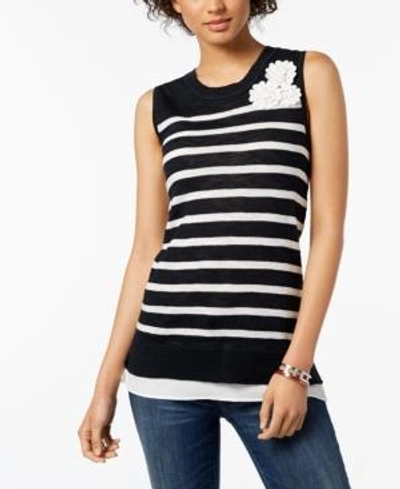 Shop Tommy Hilfiger Mixed-media Embellished Top, Created For Macy's In Sky Captain/ivory