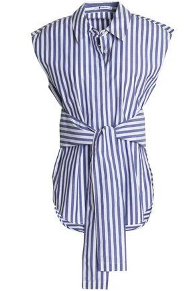 Shop Alexander Wang T Woman Tie-front Striped Cotton-poplin Shirt Blue