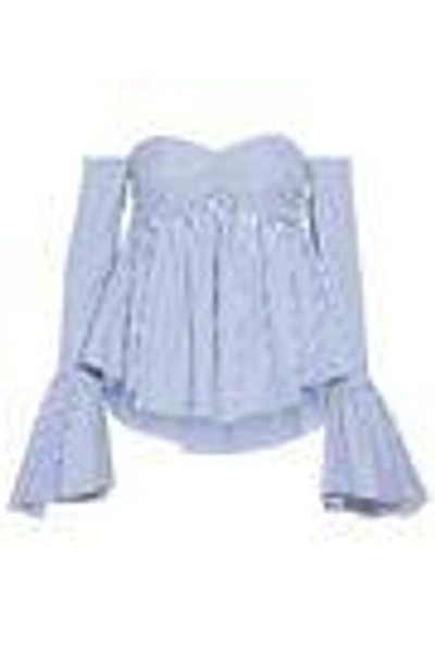 Shop Caroline Constas Max Off-the-shoulder Striped Cotton-poplin Top In Light Blue
