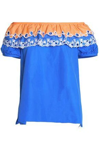Shop Peter Pilotto Woman Off-the-shoulder Broderie Anglaise-trimmed Cotton-poplin Top Blue