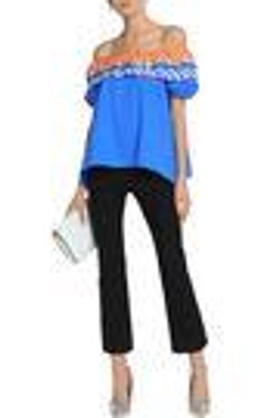 Shop Peter Pilotto Woman Off-the-shoulder Broderie Anglaise-trimmed Cotton-poplin Top Blue