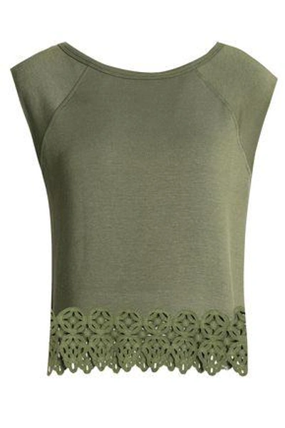 Shop Bailey44 Guipure Lace-trimmed Stretch-modal Jersey Top In Leaf Green