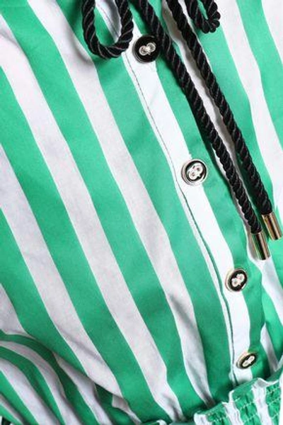 Shop Caroline Constas Woman Peasant Off-the-shoulder Shirred Striped Cotton-poplin Top Green