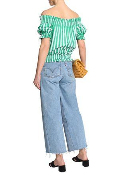 Shop Caroline Constas Woman Peasant Off-the-shoulder Shirred Striped Cotton-poplin Top Green