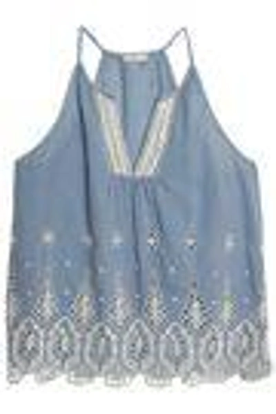 Shop Joie Woman Broderie Anglaise Cotton-chambray Top Light Denim