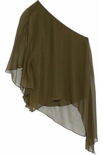 Shop Haute Hippie Woman One-shoulder Draped Silk-georgette Blouse Army Green