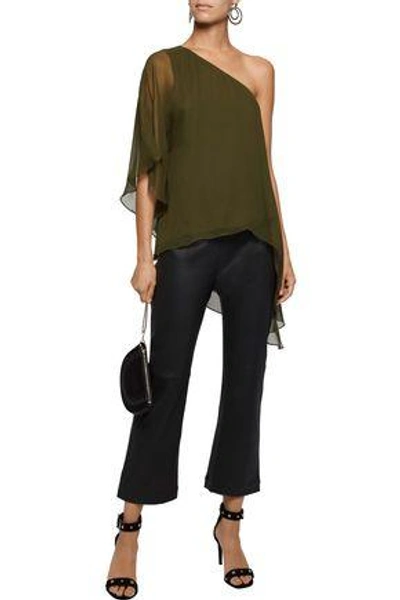 Shop Haute Hippie Woman One-shoulder Draped Silk-georgette Blouse Army Green