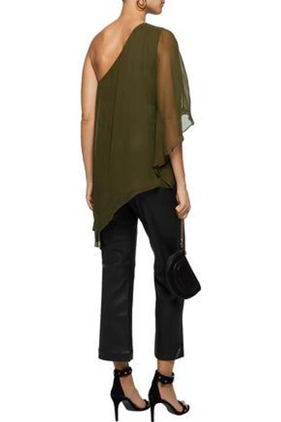 Shop Haute Hippie Woman One-shoulder Draped Silk-georgette Blouse Army Green