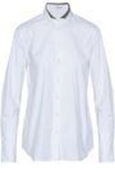 Shop Brunello Cucinelli Woman Bead-embellished Cotton-blend Poplin Shirt White