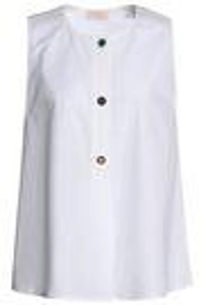 Shop Tory Burch Woman Button-detailed Stretch Cotton-poplin Top White