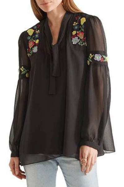 Shop Anna Sui Woman Garden Embroidered Georgette Blouse Black