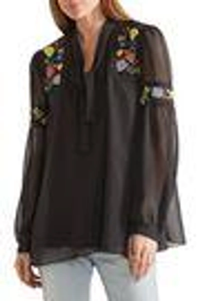 Shop Anna Sui Woman Garden Embroidered Georgette Blouse Black