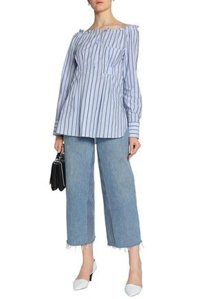 Shop Tibi Woman Off-the-shoulder Striped Cotton-poplin Top Light Blue