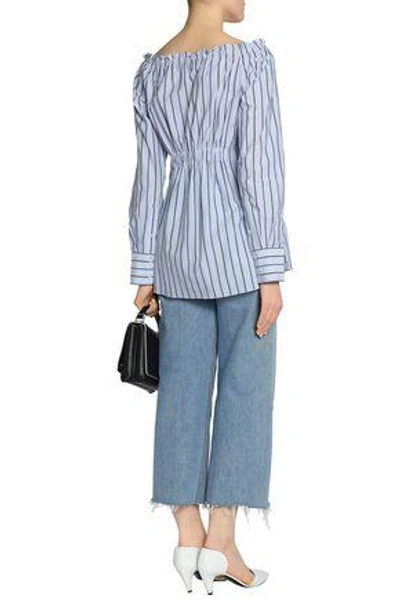 Shop Tibi Woman Off-the-shoulder Striped Cotton-poplin Top Light Blue
