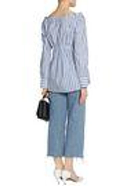 Shop Tibi Woman Off-the-shoulder Striped Cotton-poplin Top Light Blue