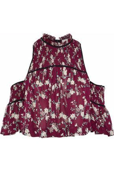 Shop Cinq À Sept Woman Soha Cold-shoulder Shirred Floral-print Silk Crepe De Chine Top Brick