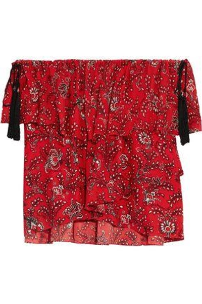 Shop Cinq À Sept Woman Kahlia Off-the-shoulder Ruffled Printed Silk Blouse Red