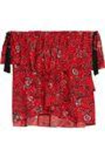 Shop Cinq À Sept Woman Kahlia Off-the-shoulder Ruffled Printed Silk Blouse Red