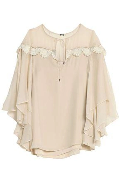 Shop Haute Hippie Woman Georgette-paneled Lace-trimmed Silk Crepe De Chine Blouse Beige