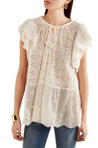 Shop Stella Mccartney Laney Embroidered Tulle-paneled Cotton-blend Leavers Lace Blouse In Ecru