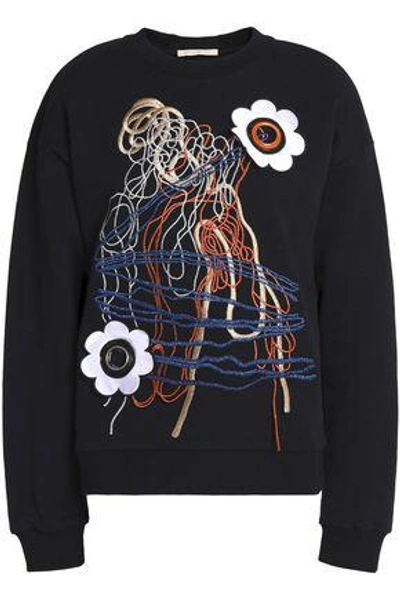 Shop Christopher Kane Woman Floral-appliquéd Embroidered Cotton-blend Terry Sweatshirt Black