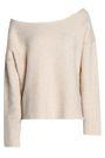 Shop Mother Off-the-shoulder Mélange Stretch-cotton Terry Sweatshirt In Ecru