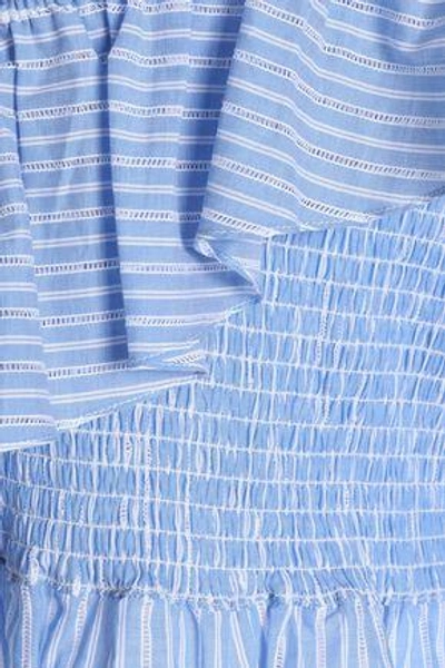 Shop Cinq À Sept Woman Shirred Ruffled Striped Cotton-poplin Top Sky Blue
